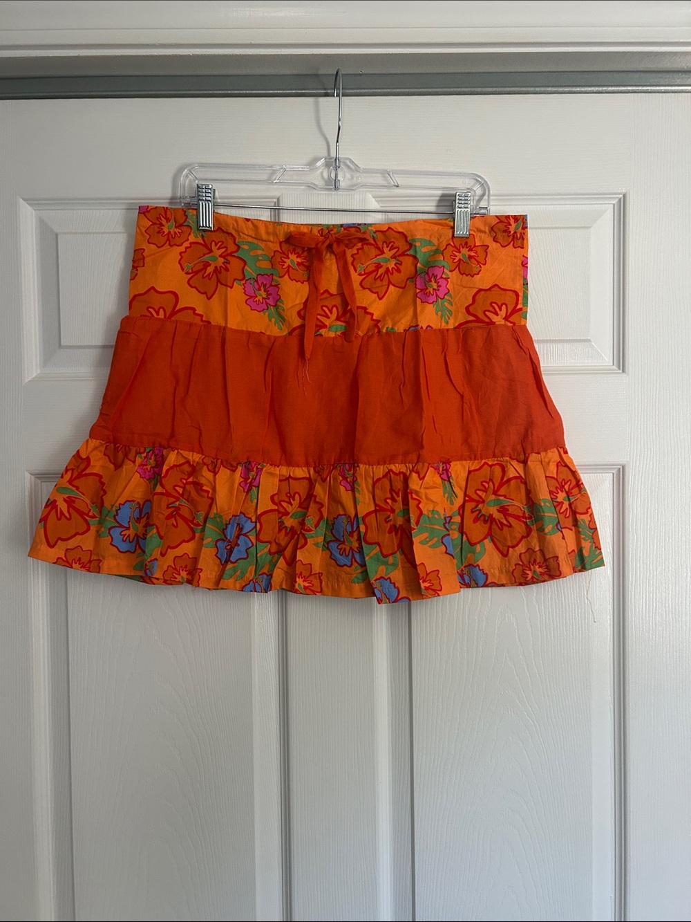 Orange Floral Tiered Mini Skirt with Ruffle Hem